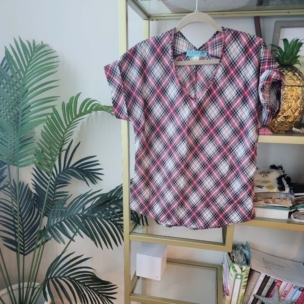 Christmas Tartan Plaid Satin Feel Short Sleeve V-Neck Top